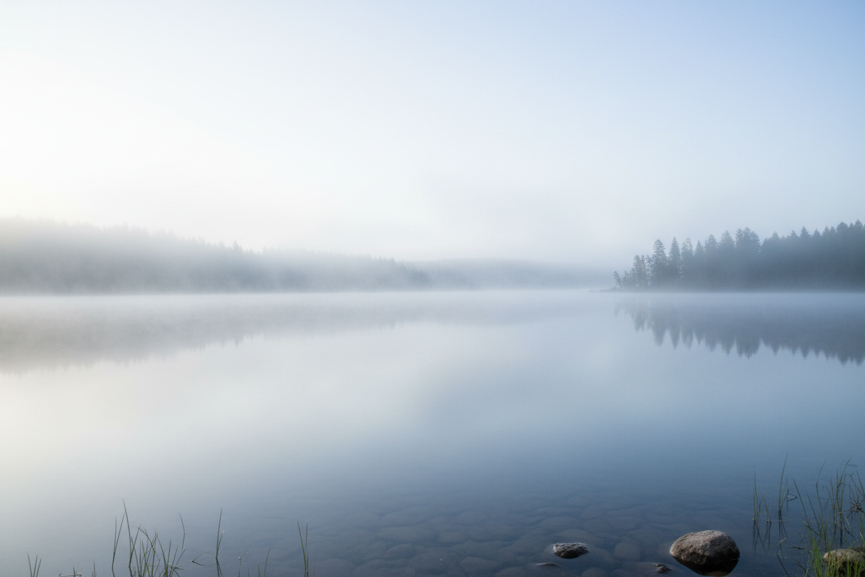 lake, white and blue colors, delicate, little fog.